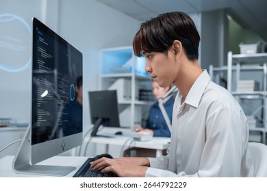 software developer talk strategy plan to executive write prompt AI bot IT app program data analytics in tech startup office.Projected visuals and glowing code on screen.AI chatbot technology concept