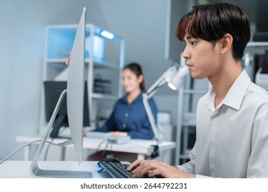 software developer talk strategy plan to executive write prompt AI bot IT app program data analytics in tech startup office.Projected visuals and glowing code on screen.AI chatbot technology concept