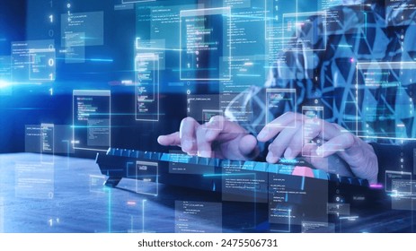Software developer typing on a keyboard, with digital codes and abstract programming languages floating in the air.