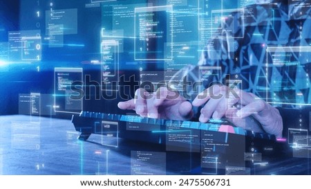 Software developer typing on a keyboard, with digital codes and abstract programming languages floating in the air.