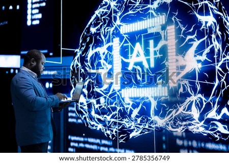 Software developer using advanced AI neural network technology to take decisions. African american man offloading programming tasks to agentic artificial intelligence assistant