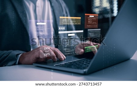 Software developer working on laptop with DevOps interface and source code windows, cloud computing, programming, application deployment, system integration, modern software development workflow.
