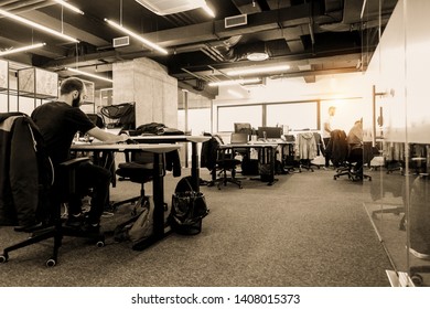 software developers working everyday job writing programming code at modern sunny bright open plan office