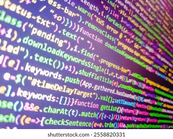 Software development abstract background. Closeup beautiful geometric purple hexagonal texture. Abstract technology background. Programming code abstract screen of a software developer.