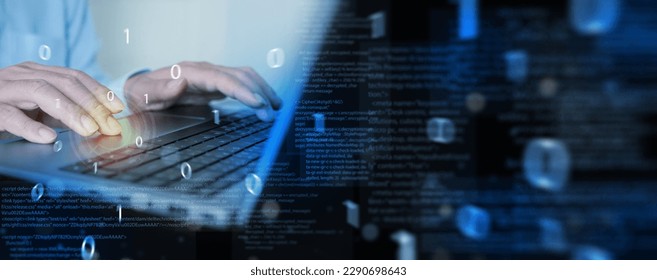Software Development and Agile Methodology with Digital Technology. Programmer Coding and Software Engineer Working on Laptop with JavaScript Code on Virtual Screen