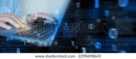 Software Development and Agile Methodology with Digital Technology. Programmer Coding and Software Engineer Working on Laptop with JavaScript Code on Virtual Screen
