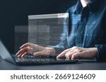 Software development business concept. Programmer coding computer. Developer programming web application technology. Software engineer. web developer. laptop typing coding project milestone.