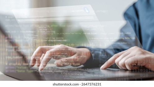 Software development business concept. Programmer coding computer. Developer programming web application technology. Software engineer. web developer. A person is using a laptop to type code.