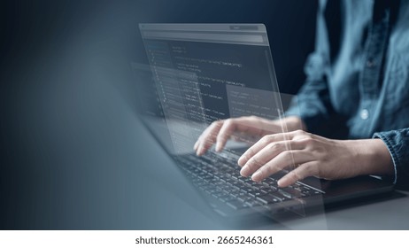 Software development business concept. Programmer coding computer. Developer programming web application technology. Software engineer. web developer. laptop system typing innovation typing coding.