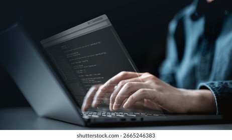 Software development business concept. Programmer coding computer. Developer programming web application technology. Software engineer. web developer. laptop system typing innovation typing coding.