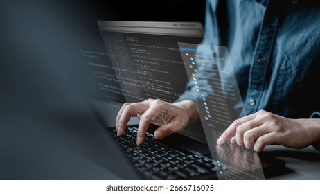 Software development business concept. Programmer coding computer. Developer programming web application technology. Software engineer. web developer. laptop typing coding tech.