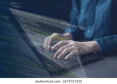 Software development business concept. Programmer coding computer. Developer programming web application technology. Software engineer. web developer. laptop typing unit test testing.
