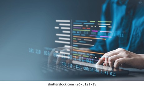 Software development business concept. Programmer coding computer. Developer programming web application technology. Software engineer. web developer. coder typing typography.