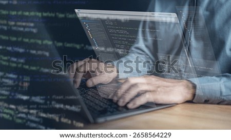 Software development business concept. Programmer coding computer. Developer programming web application technology. Software engineer. web developer. A person is using a laptop to type on a screen.