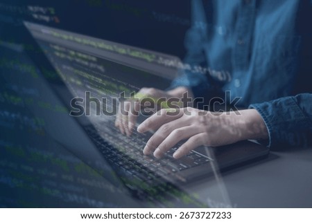Software development business concept. Programmer coding computer. Developer programming web application technology. Software engineer. web developer. laptop typing unit test testing.