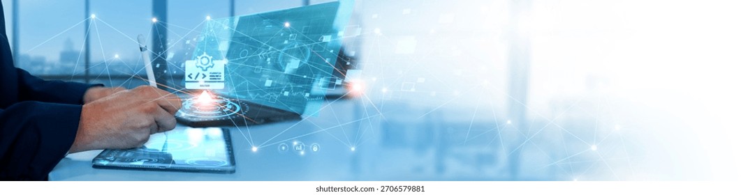 Software Development: Businessman analyzing and optimizing data for application performance, code efficiency, system architecture, bug tracking, user experience, continuous integration.