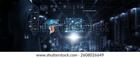 Software Development: Businessman controls and monitors software development technology system on digital screen. Agile methodology, debugging, code optimization, collaboration tools, version control