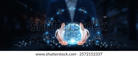 Software Development: Businessman hands hold global software development technology, agile methodology, version control, collaboration, automation, testing, deployment, integration.