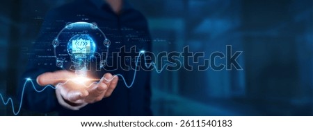 Software Development: Businessman hands with light bulb of inspiration bright idea and creative thinking energetic on digital network innovation, agility, collaboration, efficiency.