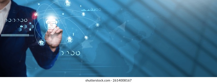 Software Development: Businessman Pointing with Software Development Icon and Technological Business Data Network. Innovation, Coding, Collaboration, Agile Methodology.