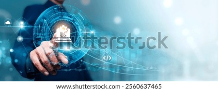 Software Development: Businessman touching connect to data information on cyberspace, code optimization, software engineering, system integration, debugging, agile methodologies.