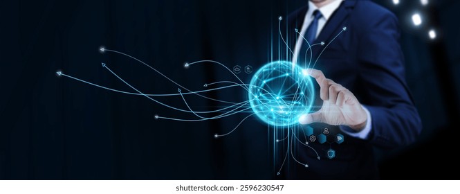 Software Development: Businessman Touching Digital Global Network of Software Data Exchange. Seamless Integration on Social Network Connection with Hologram Modern Interface, Advancing Technology.