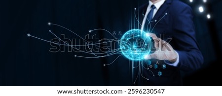 Software Development: Businessman Touching Digital Global Network of Software Data Exchange. Seamless Integration on Social Network Connection with Hologram Modern Interface, Advancing Technology.