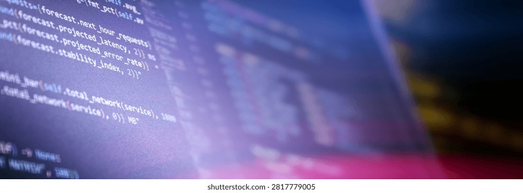 Software development and cloud computing concept. Macro close-up of forecasting algorithm on blurred computer screen.