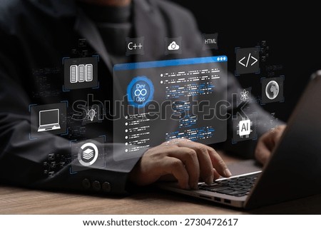 Software development concept, Businessman using laptop coding programs, DevOps practices integrating development, IT operations speed, Reliability, Automation, Application delivery quality, New Idea