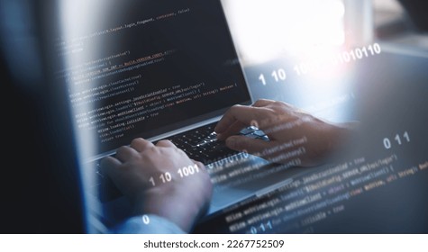 Software development concept. Coding programmer, software engineer working on laptop with javascript computer code on virtual screen, internet of things IoT, digital technology