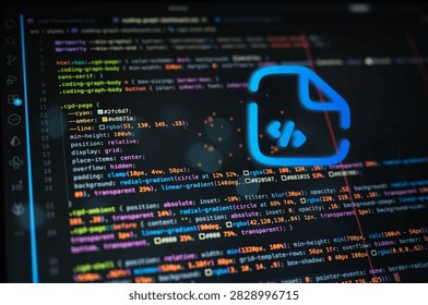 Software development concept with glowing code file icon over colorful source code, representing programming, web development, coding workflow, frontend engineering and digital technology.