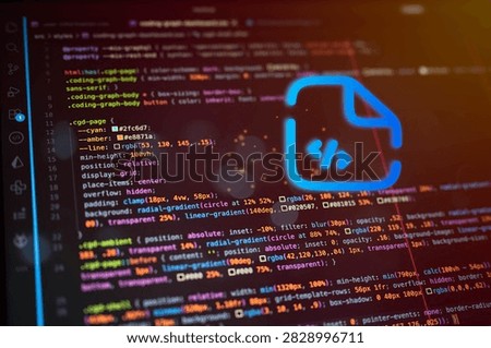 Software development concept with glowing code file icon over colorful source code, representing web programming, coding workflow, frontend development, application engineering and digital technology.