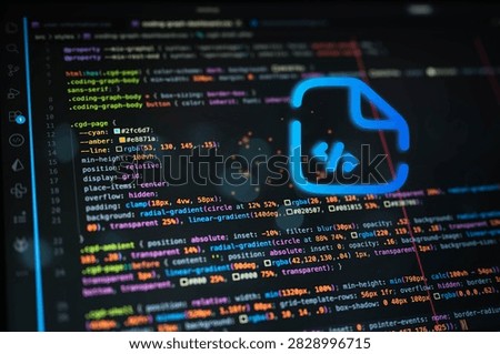 Software development concept with glowing code file icon over colorful source code, representing programming, web development, coding workflow, frontend engineering and digital technology.