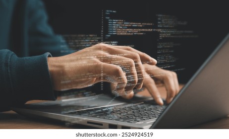 Software development concept. Hands typing on laptop with programming code on screen, representing software development. Perfect for coding, IT solutions, digital technology, web applications.
