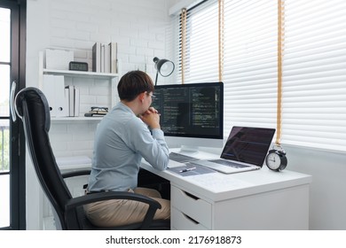 Software development concept, Male programmer read data code to thoughtful about developing website.