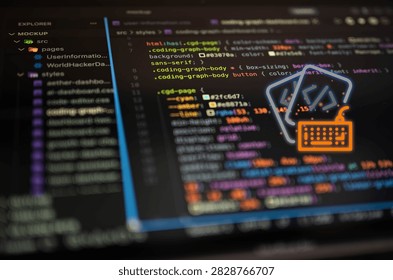 Software development concept with source code and coding keyboard icon on screen, representing programming, web development, coding, software engineering and modern digital technology workflow.