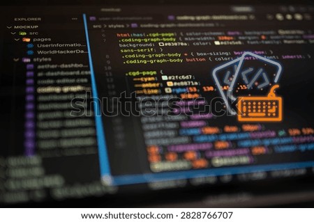 Software development concept with source code and coding keyboard icon on screen, representing programming, web development, coding, software engineering and modern digital technology workflow.