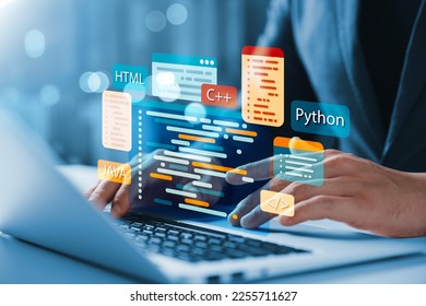 Software development concepts and programming for various devices, Software Engineer Computer programmer, coding process, chart, testing platform Data analytics, online safety.