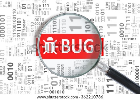 Software development and debugging concept. Bug found in binary code with magnifying glass.