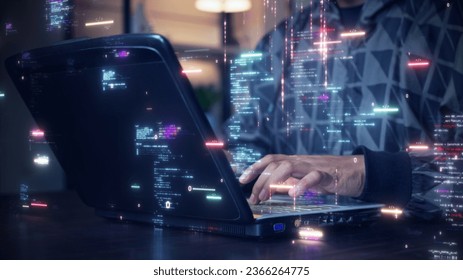 A software development designer or programmer is typing on a computer to create an application using an abstract code language in simulation. Digital cyber security technology concept. - Powered by Shutterstock