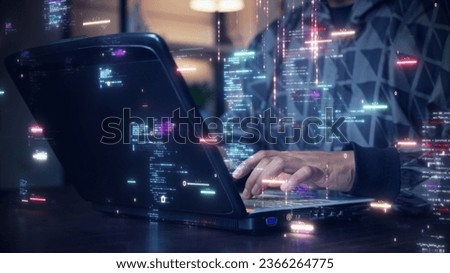 A software development designer or programmer is typing on a computer to create an application using an abstract code language in simulation. Digital cyber security technology concept.