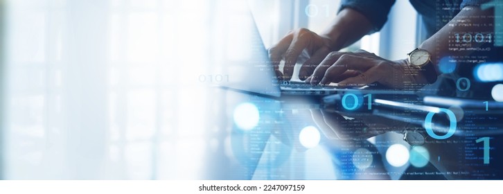 Software development, digital technology concept. Software developer, computer programmer working on laptop with javascript, binary digital computer code, agile development, technology background