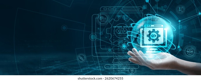 Software development. Hand holding a digital globe with network connecting data. Representation of digital technology, illustrating the interconnected nature of software development processes.