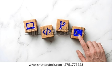 Software Development Lifecycle Concept with Wooden Blocks representing Coding Git Version Control and Terminal Command Line