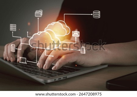 software development manager working on laptop computer with infrastructure workflow graphic diagram, database developer, cloud computing, backup storage management, cloud storage technology concept