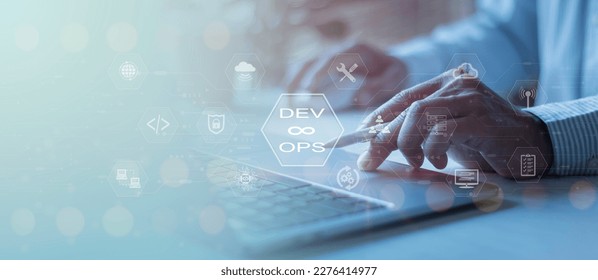 Software development, IT operations, agile programming, Concept with dev ops icon on a computer screen and project manager, coder or sysadmin typing on a keyboard, high software quality