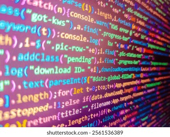 Software development. Pixelated data stream on digital interface with binary code, encryption concept, and glowing dots. Abstract technology background. Pink unique background. Code background.