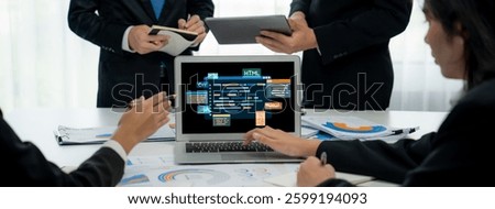 Software development or programming work with coding screen of various programming languages like HTML, Python, Java, and C brisk for new application development