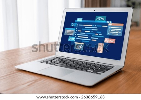 Software development or programming work with coding screen of various programming languages like HTML, , , and C brisk for new application development
