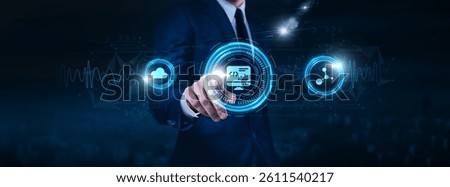 Software Development Technology, software frameworks, businessman touch icon Data exchange on digital network connection, development tools, continuous integration and deployment.